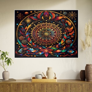 Poster mandala céleste, impression d'art plumes de l'univers, décoration murale spirituelle pour la maison et le bureau