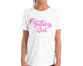 Christmas Birthday Girl Youth Short Sleeve Pink Shirt (with Santa Hat design)