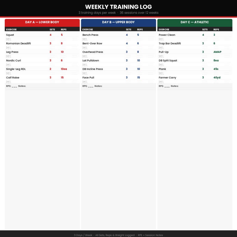 12 Week Athlete Strength Training Log PDF - Etsy
