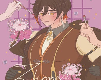 May include: A digital illustration of a person with brown hair and orange highlights wearing a brown vest with gold accents and a white shirt. The person is holding a paintbrush in their right hand and has a pink flower behind them. The text "Zhongli" is written in cursive at the bottom of the image.