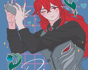May include: A digital illustration of a character with long red hair, wearing a black shirt and a gray vest with a red design. The character is holding a cocktail shaker in their hands. The background is a blue and pink grid with hearts and flowers.