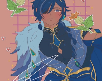 Puede incluir: Una ilustración digital de un personaje con cabello azul, un atuendo azul y dorado, y un parche en el ojo. El personaje está de pie frente a un fondo rosa con un patrón de cuadrícula y corazones. El personaje lleva un atuendo azul y dorado con un cuello de plumas. El personaje tiene un parche azul sobre el ojo derecho. El personaje sonríe.