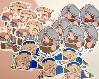 May include: A set of 12 colorful stickers featuring cartoon characters. The stickers are printed on white paper and have a glossy finish. The characters include a knight, a chef, and a child. The stickers have text that says "Good Soup!" and "Soup!"