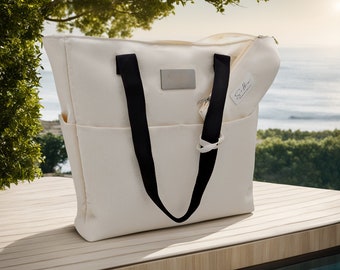 Silke beach bag, self-standing, main compartment divided into three, linen, stable