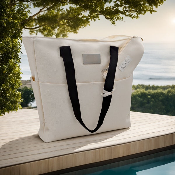 Silke beach bag, self-standing, main compartment divided into three, linen, stable