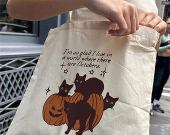 Vintage Halloween Cat and Pumpkin Tote Bag | October Tote Bag | Halloween Canvas Bag | Spooky Season Tote Bag