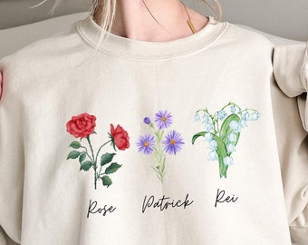 Felpa con fiori per il mese di nascita, regalo personalizzato per la mamma, regalo per la festa della mamma, maglietta personalizzata con fiori per la mamma, regalo per gli amanti delle piante, maglietta con acquerello