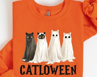 Catloween Tshirt, Ghost Cat Sweatshirt, Ghost Cat Tshirt, Halloween Crewneck, Cat Lover Shirt, Cat Tshirt, Halloween Shirt, Cat Mom Tshirt
