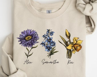 Felpa con fiori del mese di nascita, regalo personalizzato per la mamma, maglietta retrò per la festa della mamma, maglietta con fiori personalizzati, regalo per la mamma amante delle piante, regalo per la nonna