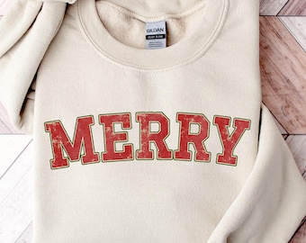 Merry Christmas-sweater, kerstshirts, leuke wintertrui, kerstshirt voor vrouwen, kersttrui met ronde hals, vakantietrui