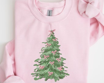 Sudadera con lazo navideño y árbol, camiseta coqueta navideña, camisa navideña para mujer, regalo lindo con árbol de Navidad, suéter navideño femenino, regalo de Navidad