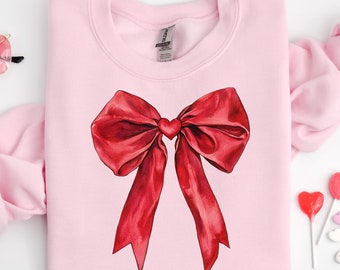 Coquette Valentine's Day Heart Bow Sweatshirt, Retro Valentine Shirt, Valentines day Bow Shirt, Coquette Bow T Shirt, Bow Valentine Gifts