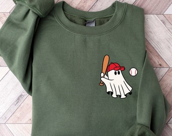 Ghost-honkbalsweater, Ghost-shirt, Halloween-shirt met ronde hals, Game Day-shirt, honkbalshirt, Halloween-shirt, honkbalsweater