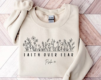 Sudadera Fe sobre Miedo, Sudadera Cristiana Salmo 34, Camisa Cristiana Mínima, Camisa Versículo Bíblico, Suéter Religioso, Sudadera de Fe