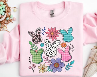 Sweat-shirt bohème de Pâques, chemise de Pâques fleurie printanière, chemise de Pâques avec noeud coquette, chemise de lapin de Pâques, chemises de Pâques pour femme, chemise lapin de Pâques