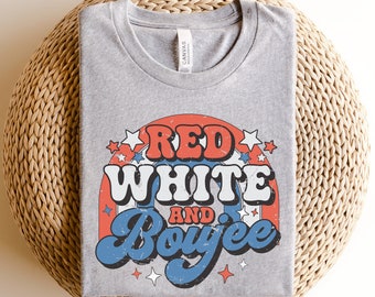 Blanco rojo y Boujee, camisa retro groovy del 4 de julio, camisa patriótica del arco iris, camisa feliz del 4 de julio, camiseta del Día de la Independencia, camiseta del Día de los Caídos