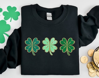 Camisa de trébol de cuatro hojas de San Patricio, camisa de San Patricio con brillo falso, día de San Patricio, sudadera Shamrock, camisa de San Patricio para mujer, regalo