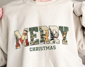 Merry Christmas-sweater, kerstshirts, leuke wintertrui, kerstshirt voor vrouwen, kersttrui met ronde hals, vakantietrui