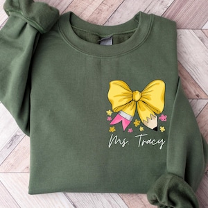 Custom Teacher Coquette Bow Sweatshirt, Custom Teacher Name Shirt, Teacher Appreciation Gift, Cute Teacher Christmas Shirt, Back To School