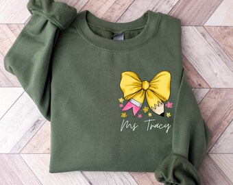 Custom Teacher Coquette Bow Sweatshirt, Custom Teacher Name Shirt, Teacher Appreciation Gift, Cute Teacher Christmas Shirt, Back To School