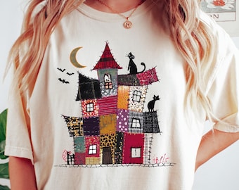 Moletom com estampa de retalhos falsos para a temporada assustadora: camiseta de professora fantasma de abóbora de Halloween