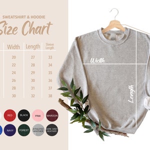 Puede incluir: Tabla de tallas para sudaderas y sudaderas con capucha con medidas en pulgadas para el ancho, la longitud y la longitud de la manga. La tabla muestra las tallas S a 3XL. Las opciones de color incluyen blanco, rojo, negro, rosa, marr&oacute;n, azul real, azul marino, verde bosque, gris jaspeado atl&eacute;tico y gris jaspeado oscuro.