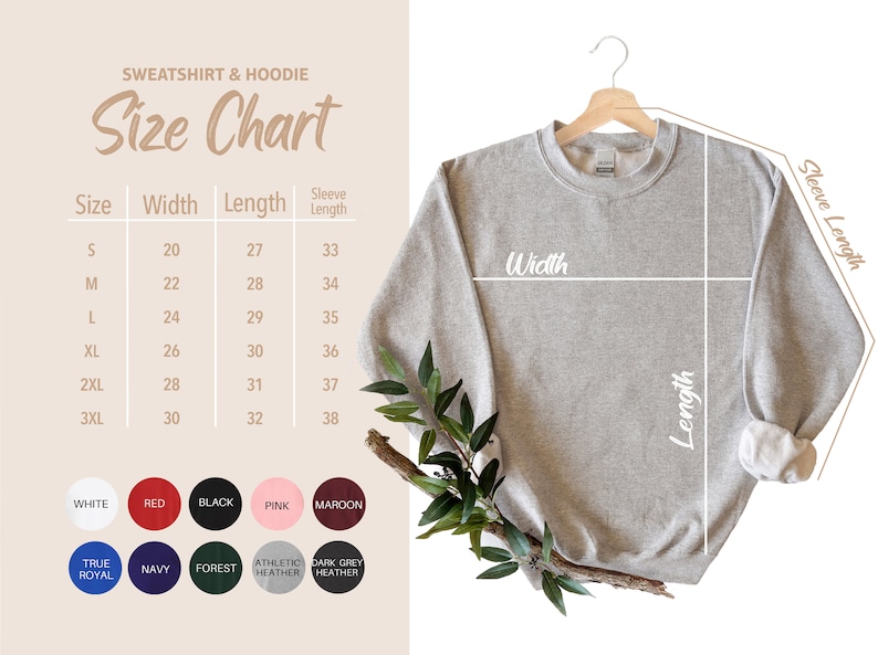 Puede incluir: Tabla de tallas para sudaderas y sudaderas con capucha con medidas en pulgadas para el ancho, la longitud y la longitud de la manga. La tabla muestra las tallas S a 3XL. Las opciones de color incluyen blanco, rojo, negro, rosa, marr&oacute;n, azul real, azul marino, verde bosque, gris jaspeado atl&eacute;tico y gris jaspeado oscuro.