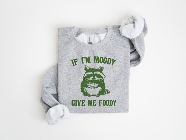 May include: Gray sweatshirt with a green raccoon graphic and the text "If I'm Moody Give Me Foody".