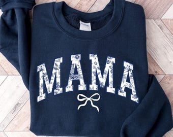 Mama Shirt, Blue Floral Mom Spring Tee, Trendy Mom Tshirt, Women's Flower Mama Shirt, Pregnancy Reveal Gift for New Mom, Coquette Bow Shirt