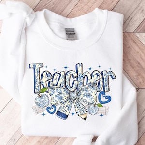 Blue Chinoiserie Teacher Shirt, Toile Blue Teacher Sweatshirt, Floral Teacher Shirt, Kindergarten Teacher Crew Shirt Gift, Appreciation Gift