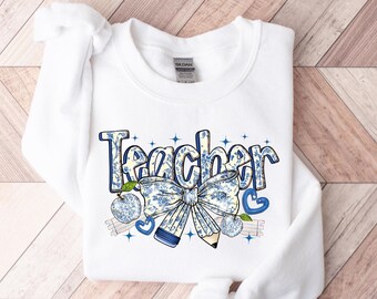 Blue Chinoiserie Teacher Shirt, Toile Blue Teacher Sweatshirt, Floral Teacher Shirt, Kindergarten Teacher Crew Shirt Gift, Appreciation Gift