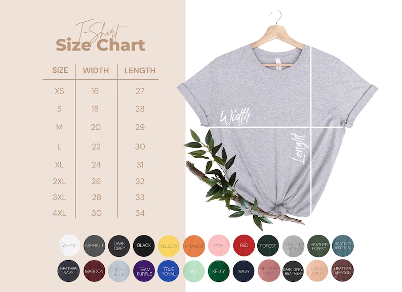 Puede incluir: Tabla de tallas de camiseta con medidas en pulgadas para el ancho y la longitud. La tabla muestra las tallas XS a 4XL. Se muestra una camiseta gris colgada de una percha. La tabla tambi&eacute;n muestra una paleta de colores de 24 colores diferentes.