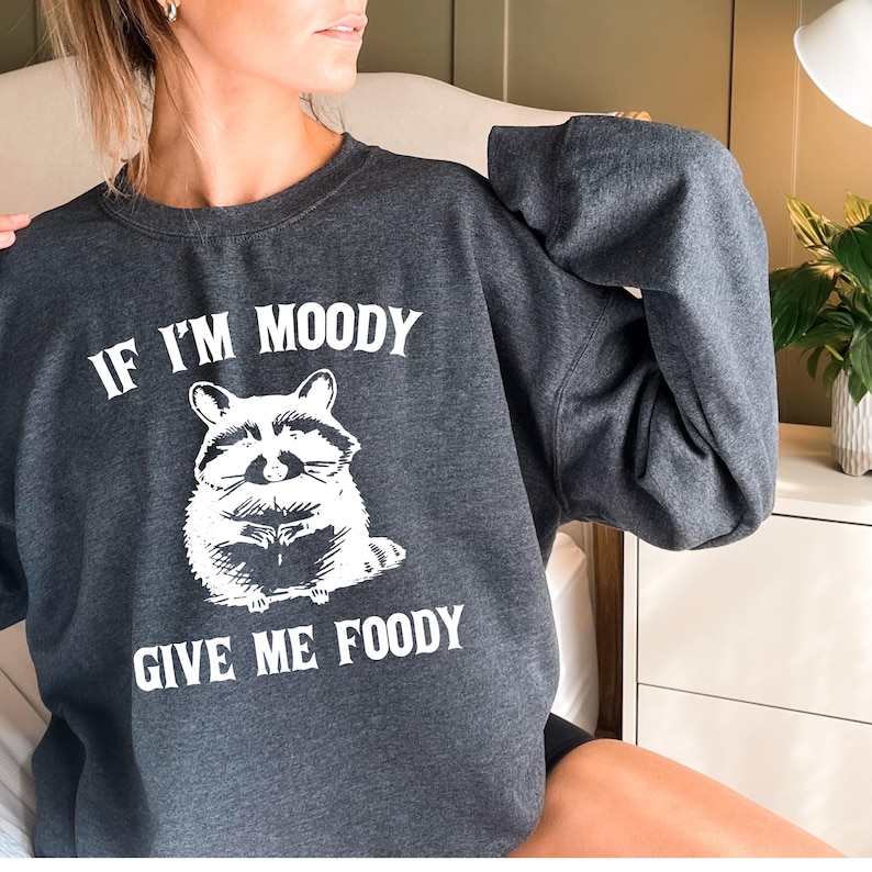 If I'm Moody Give Me Foody Sweatshirt, Feral Shirt, Raccoon Sweatshirt, Sarcastic Gift, Gag Gift for Her, Gag Gift, Sarcastic Sweater image 5