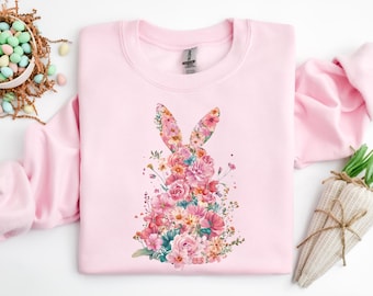 Sweat floral lapin de Pâques, chemise de Pâques avec noeud coquette, chemise lapin de Pâques, chemises de Pâques pour femme, t-shirt lapin de Pâques, t-shirt famille de Pâques