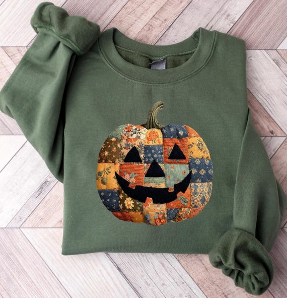 Faux Patchwork Halloween Pumpkin Sweatshirt, Halloween Pumpkin Shirt, Spooky Season Sweater, Halloween Cute Women Outfit, Halloween Gift