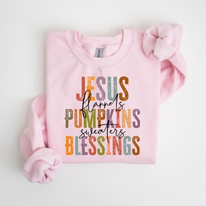May include: Pink sweatshirt with the text "JESUS flannels PUMPKINS sweaters BLESSINGS" in colorful, distressed lettering.