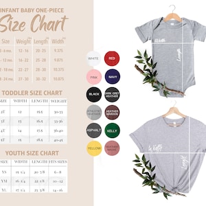 Puede incluir: Tabla de tallas para ropa de una pieza para beb&eacute;s, ni&ntilde;os peque&ntilde;os y j&oacute;venes. La tabla muestra las tallas, los pesos, las longitudes y los anchos en pulgadas. Las opciones de color incluyen blanco, rojo, rosa, azul marino, negro, gris oscuro jaspeado, jaspeado atl&eacute;tico, jaspeado burdeos, asfalto, verde kelly, amarillo y malva jaspeado.