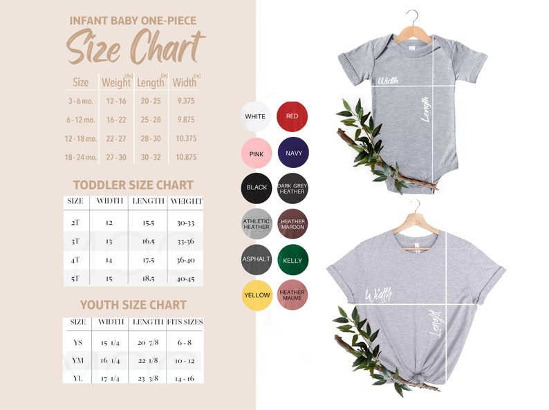 Puede incluir: Tabla de tallas para ropa de una pieza para beb&eacute;s, ni&ntilde;os peque&ntilde;os y j&oacute;venes. La tabla muestra las tallas, los pesos, las longitudes y los anchos en pulgadas. Las opciones de color incluyen blanco, rojo, rosa, azul marino, negro, gris oscuro jaspeado, jaspeado atl&eacute;tico, jaspeado burdeos, asfalto, verde kelly, amarillo y malva jaspeado.