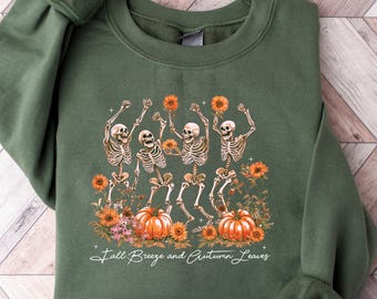 Tanzendes Skelett Sweatshirt, Floral Herbst Skelett Shirt, Frauen Halloween Shirt, Halloween Party Shirt, niedliches Halloween Geschenk, Herbst Grafik T-Shirt
