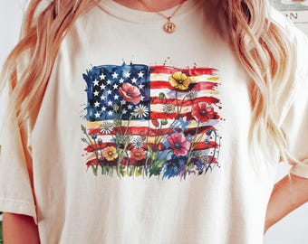 Floral USA Flag Shirt,American Girl Shirt,USA 1776 Shirt,Girly 4th of July Shirt,Patriotic Women Shirt,Flower USA Shirt,4th of July Tee