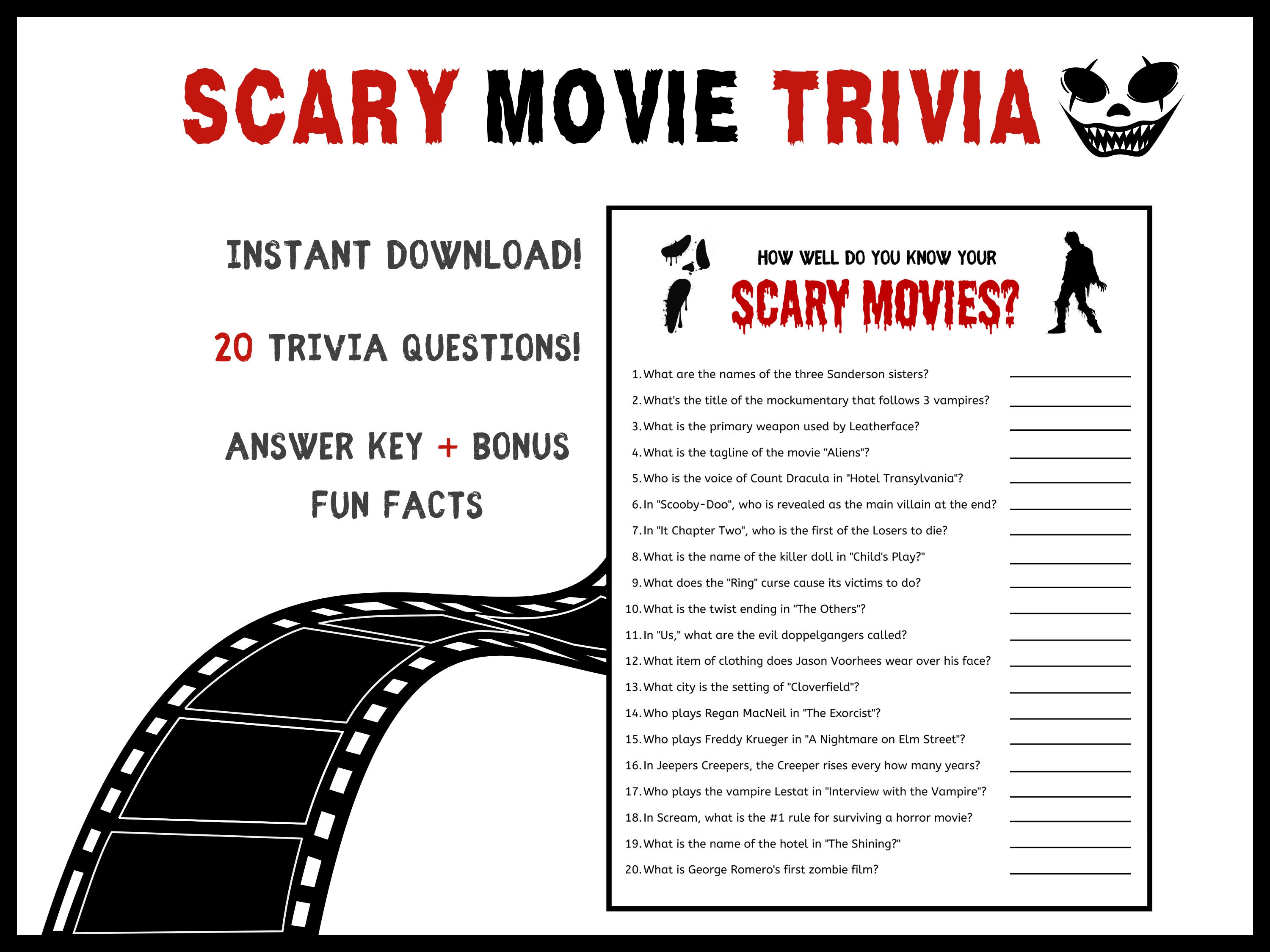 Horror Movie Quiz Game. Halloween. Character Memory Party Game. Digital  Download Friday the 13th. Scream. Pennywise. Nightmare on Elm Street