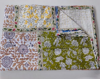 Kantha Stitch Pure Cotton Reversible Bed/Sofa Throw King Size | Handmade HandPrinted Floral Dohar | Patchwork Quilt King Bedspread Queen