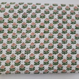HandBlock Indian Cotton Fabric Flower Pattern Designer Quilt, Peach And Green King Size Bedspread, Queen Kantha Bedspread
