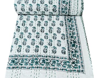 Indian Handmade Kantha Quilt Twin Size Quilt Twin Kantha Throw Cotton Quilt Inidan Quilt Hand Block Print Bedspread Handmade Quilt