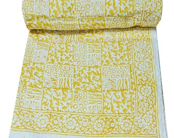 Indian Handmade Kantha Throw Hand Block Print Kantha Quilt Bedding Twin Size Kantha Blanket Single Size Kantha Quilts Bed Cover