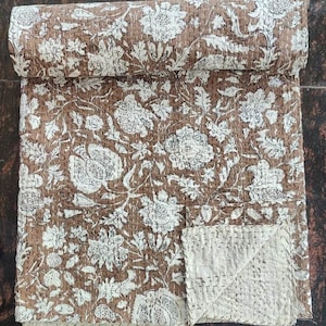 Brown Kantha Quilt Burgundy Quilt Handblock Print Handmade Cotton Kantha Indian Netural Colour Indian inspired Bedding burgundy bedding
