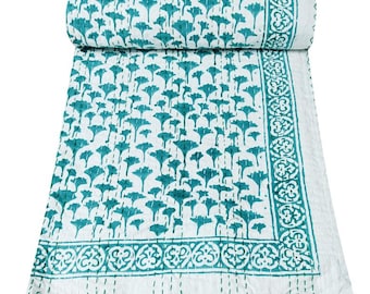 Indian Kantha Quilt Twin Size Kantha Throw Cotton Quilt Kantha Bedspread Blanket Hand Block Print Quilt Single Size Quilt