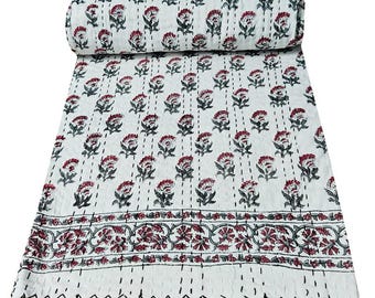Floral Print White Quilt Twin Kantha Quilt Cotton Kantha Throw Twin Quilt Indian Quilt Bedspread Blanket Handmade Quilt Bedding Bed Cover