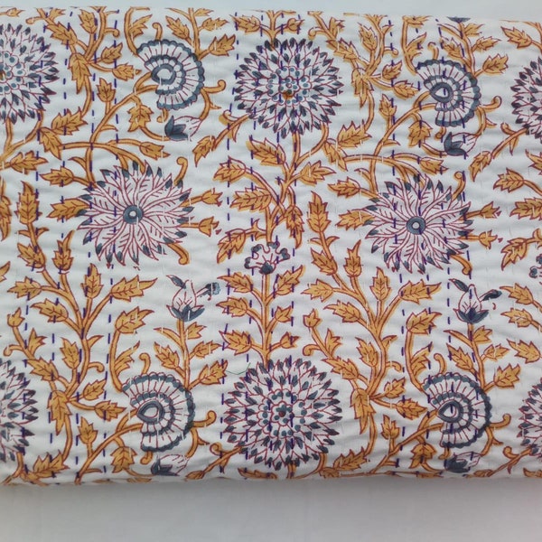 Édredon de créateur HandBlock en coton indien, motif floral, couvre-lit king size bleu et marron, couvre-lit Queen Kantha