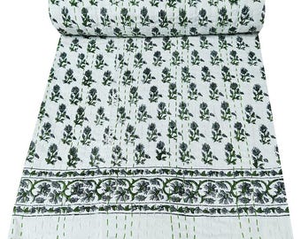 Indian Kantha Quilt Hand Block Print White Quilt Cotton Kantha Quilt Kantha Throw Bedspread Blanket Boho Quilt Single Size Bed Cover